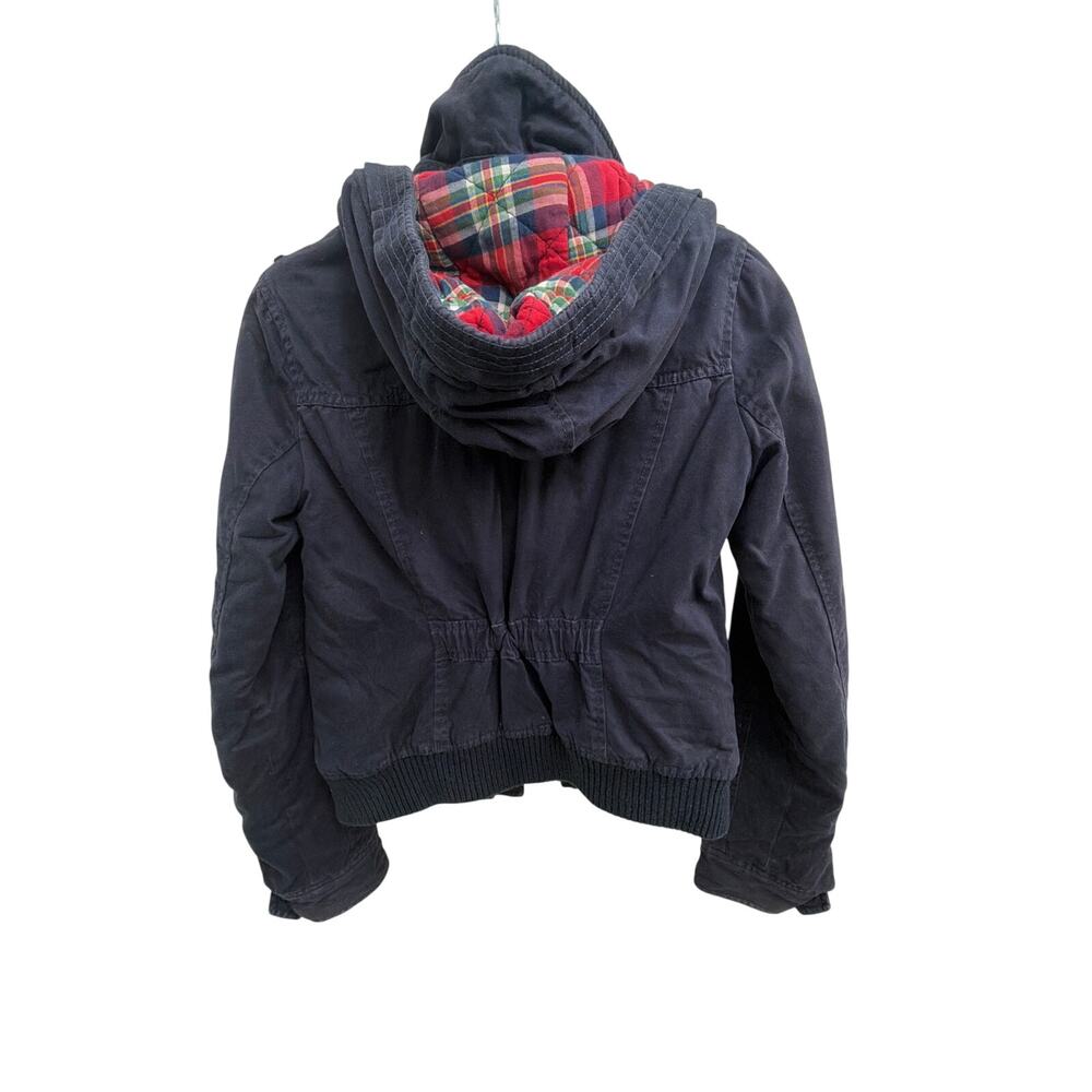 ABERCROMBIE & FITCH Women’s Navy Blue Bomber Jacket Red Plaid Lining Small Y2K - Picture 8 of 11